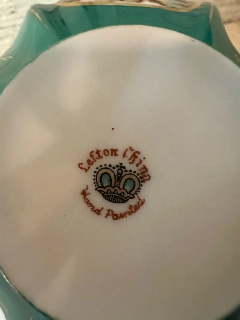 Lefton Scalloped Fluted Green Tea Cup  Hand Painted Courting Couple Romantic